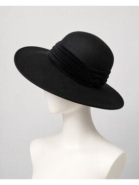 Whittall & Shon Vintage Black Felt Women's Hat: Wide-brim with strap